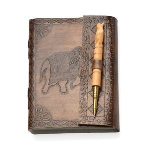 Handcrafted Elephant Embossed 100% Genuine Leather Journal with Wooden Pen